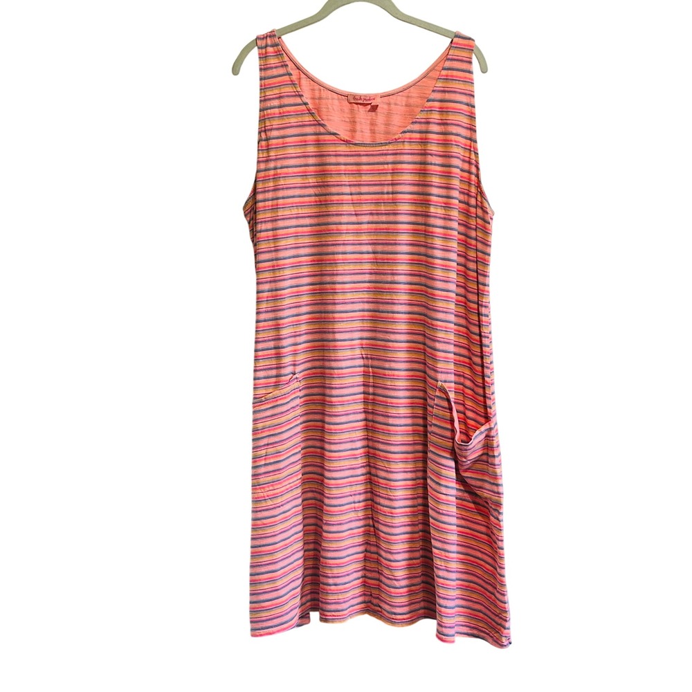 Fresh Produce Tank Dress 2X Pink Orange Striped Cotton Pockets Made in USA